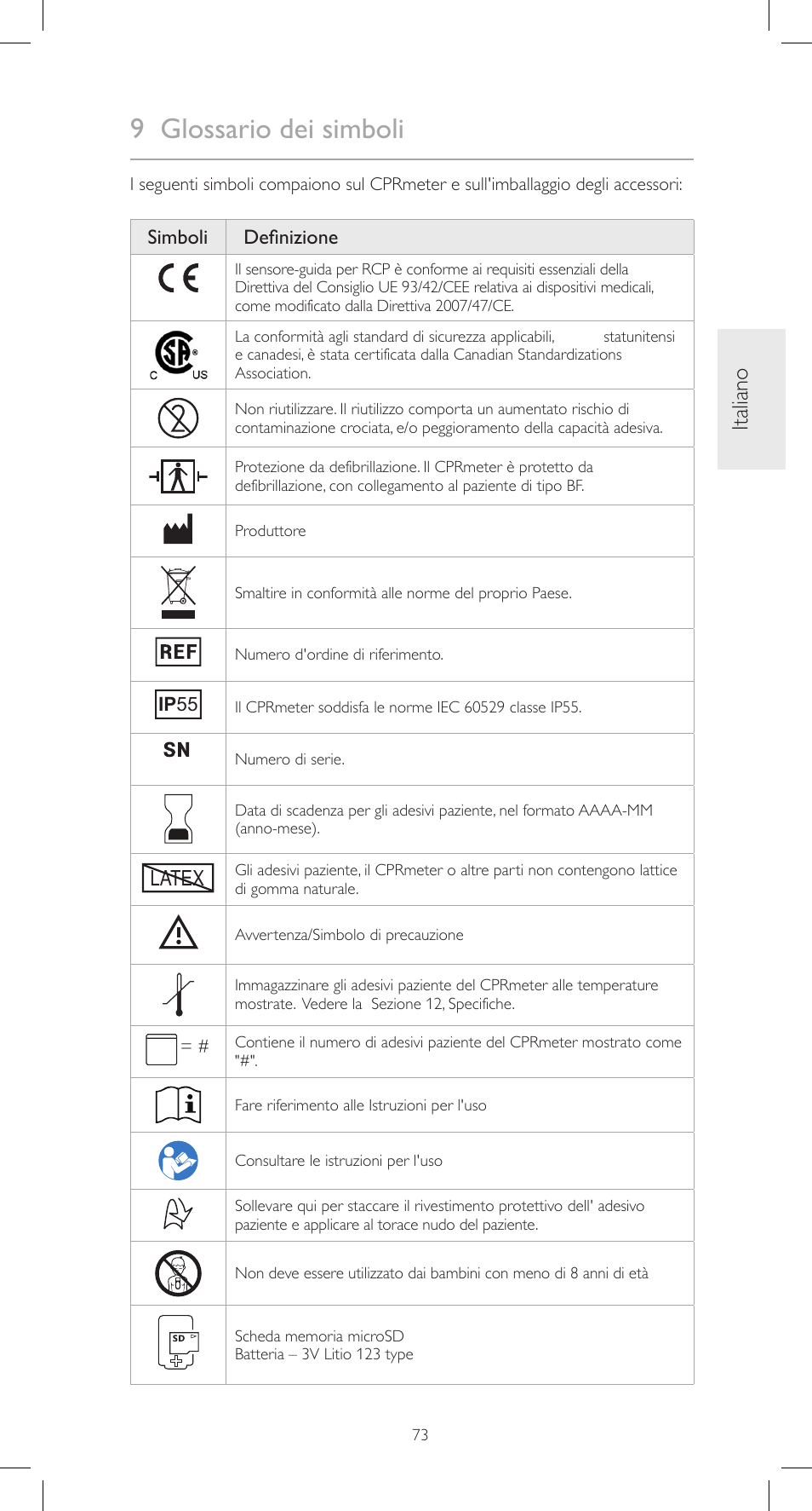 9 glossario dei simboli, Italiano, Latex | Simboli definizione | Laerdal CPRmeter User Manual | Page 73 / 248