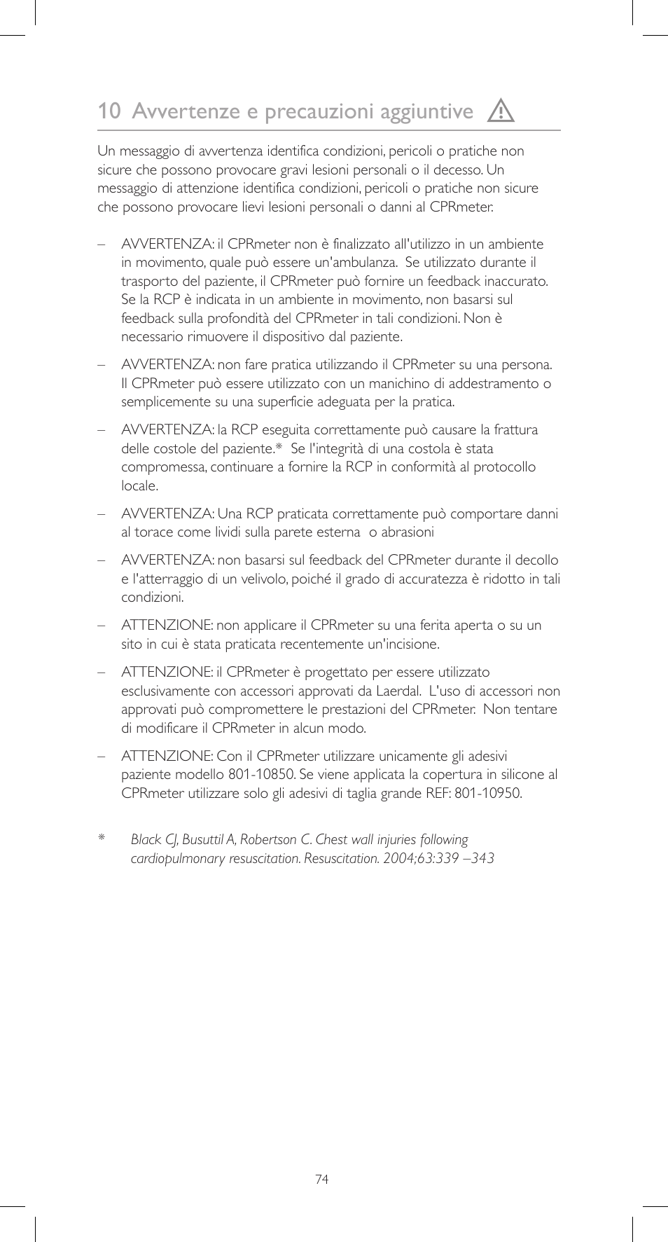 10 avvertenze e precauzioni aggiuntive | Laerdal CPRmeter User Manual | Page 74 / 248