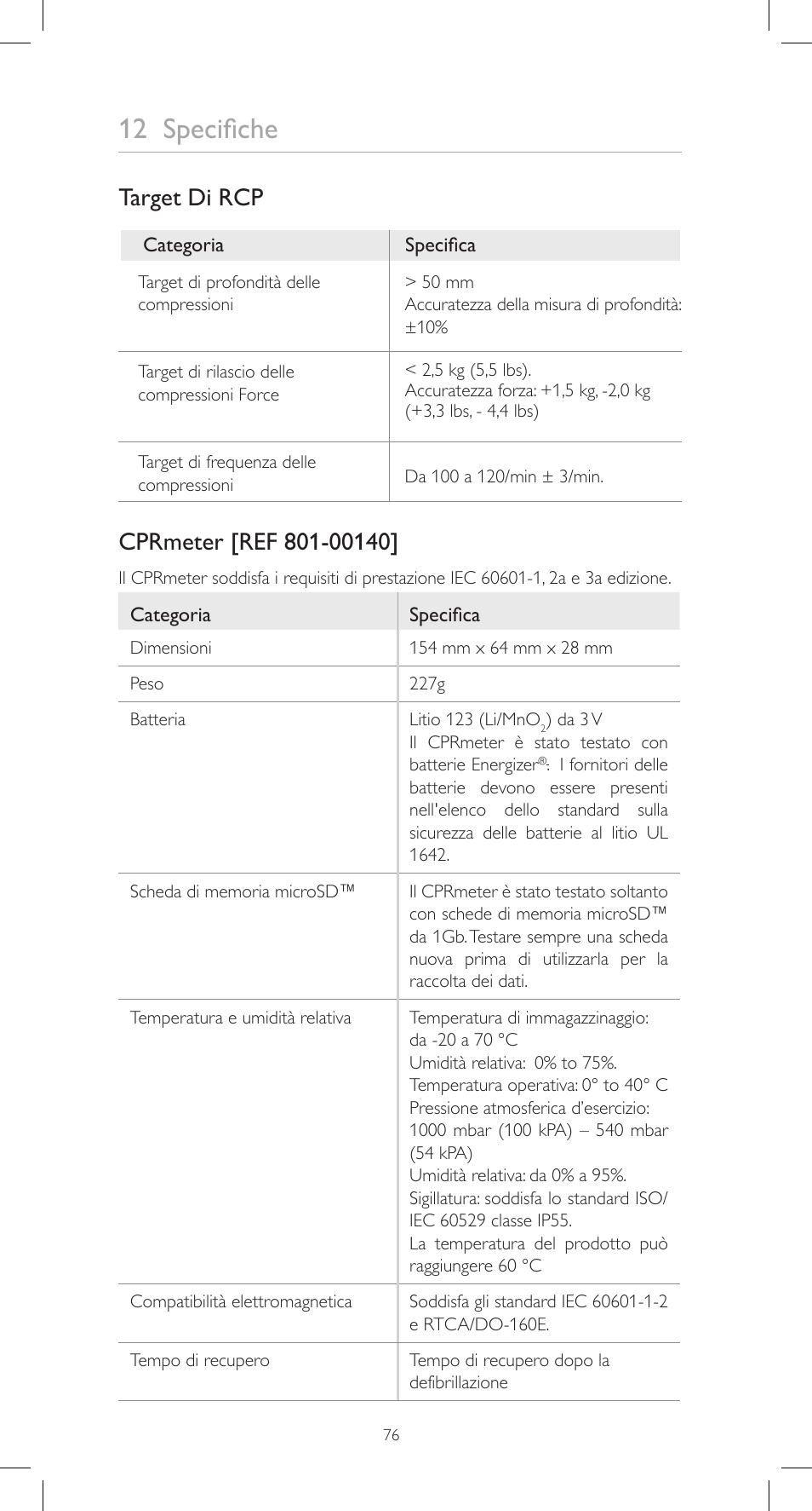 12 specifiche, Target di rcp | Laerdal CPRmeter User Manual | Page 76 / 248