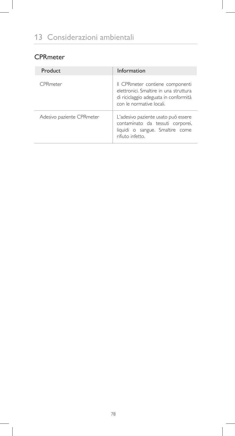 13 considerazioni ambientali, Cprmeter | Laerdal CPRmeter User Manual | Page 78 / 248