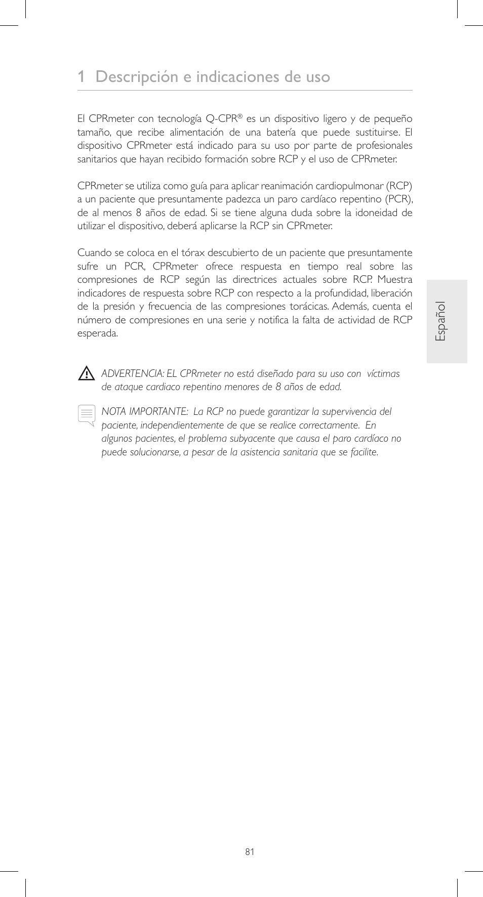 1 descripción e indicaciones de uso, Español | Laerdal CPRmeter User Manual | Page 81 / 248