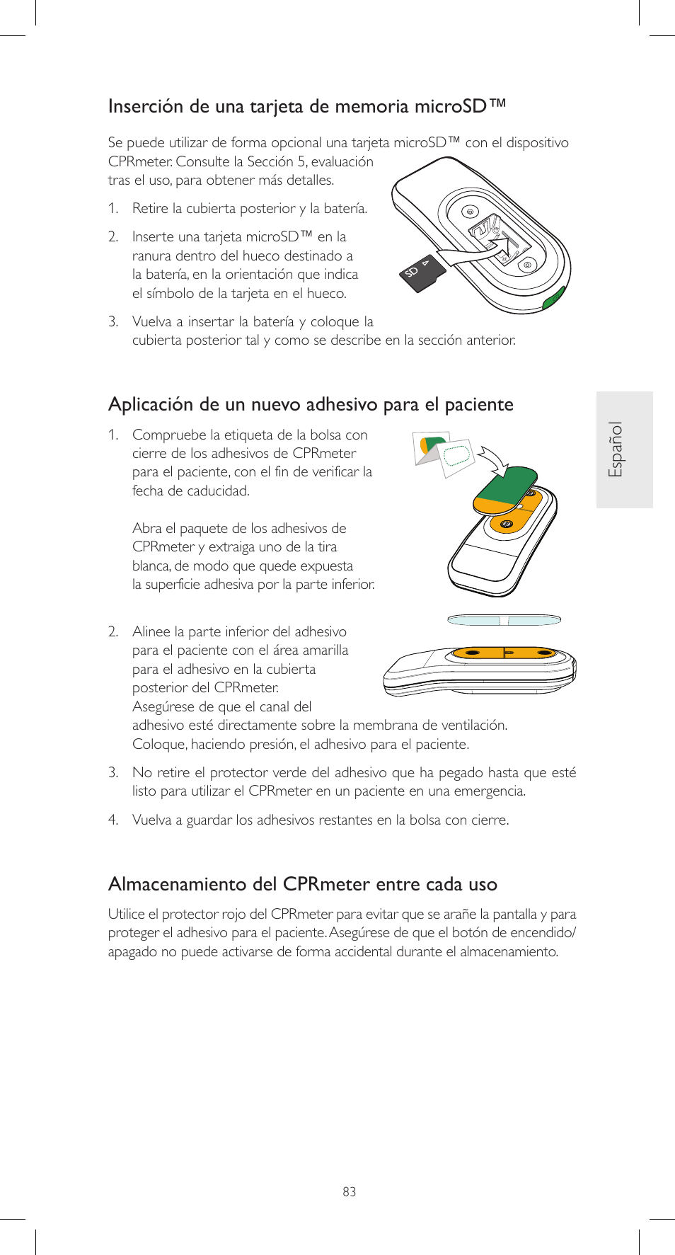 Aplicación de un nuevo adhesivo para el paciente, Almacenamiento del cprmeter entre cada uso, Español | Laerdal CPRmeter User Manual | Page 83 / 248