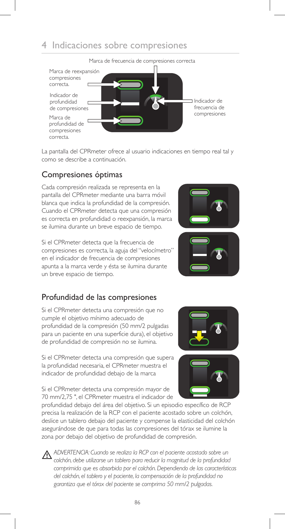 4 indicaciones sobre compresiones, Compresiones óptimas, Profundidad de las compresiones | Laerdal CPRmeter User Manual | Page 86 / 248
