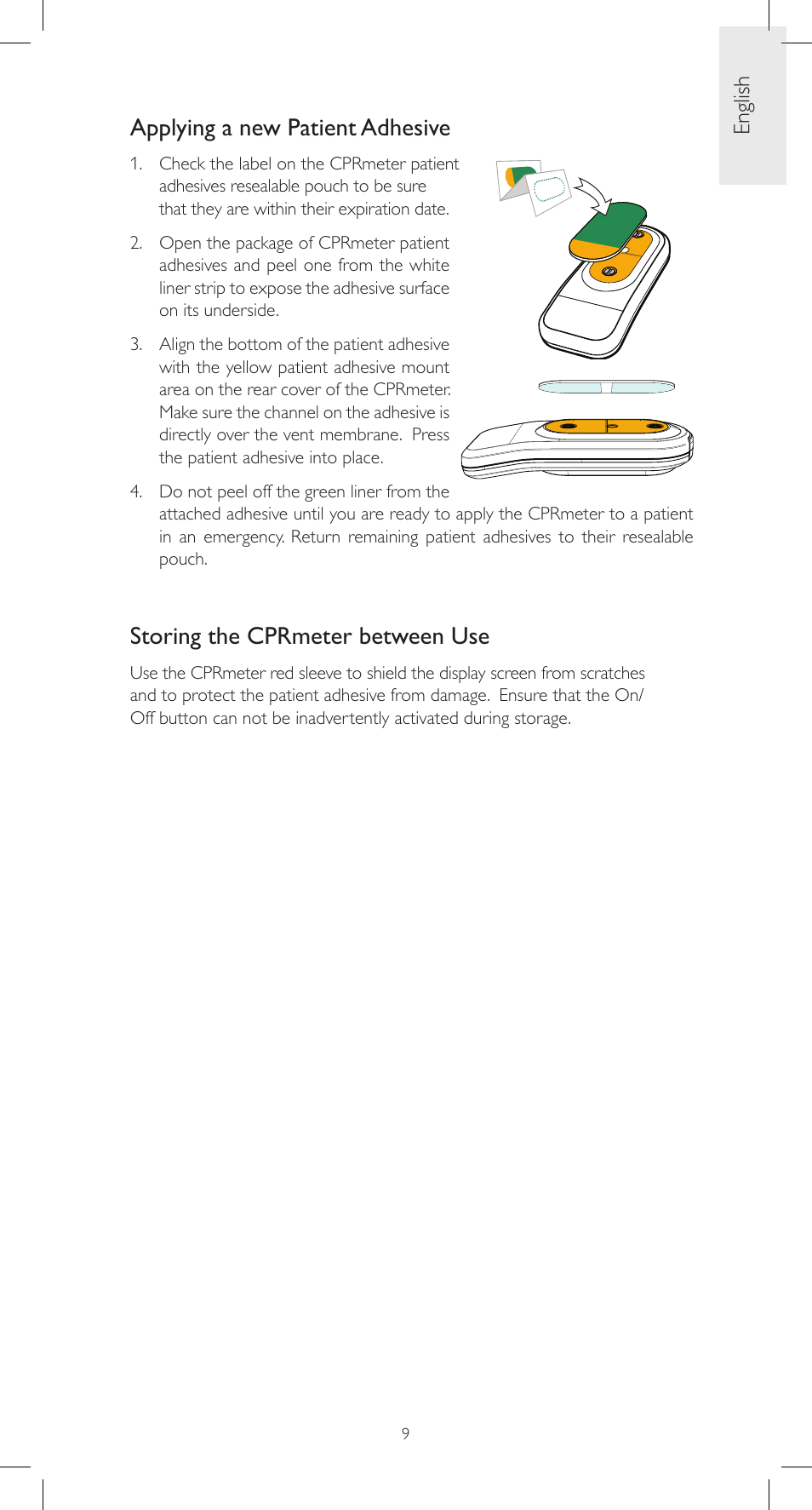 Applying a new patient adhesive, Storing the cprmeter between use, English | Laerdal CPRmeter User Manual | Page 9 / 248