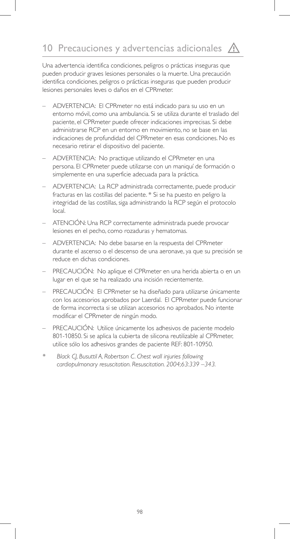 10 precauciones y advertencias adicionales | Laerdal CPRmeter User Manual | Page 98 / 248