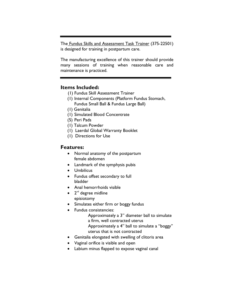 Items included, Features | Laerdal Fundus Skills and Assessment Trainer User Manual | Page 4 / 8