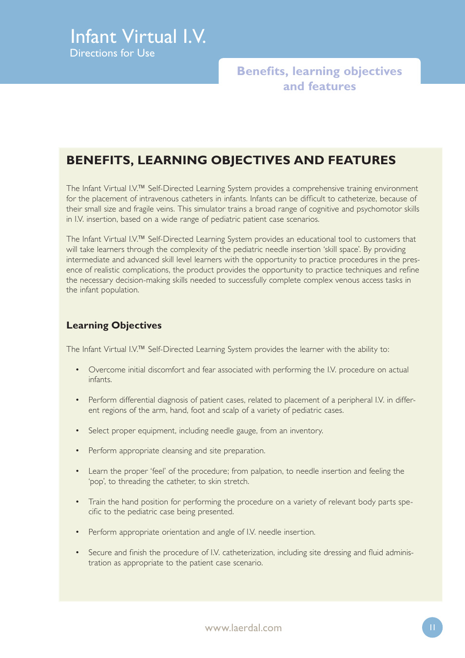 Infant virtual i.v, Benefits, learning objectives and features | Laerdal Infant Virtual I.V. User Manual | Page 11 / 117