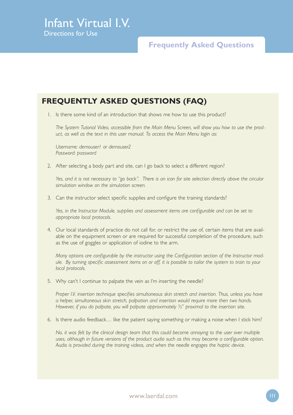 Infant virtual i.v, Frequently asked questions (faq), Frequently asked questions | Laerdal Infant Virtual I.V. User Manual | Page 111 / 117