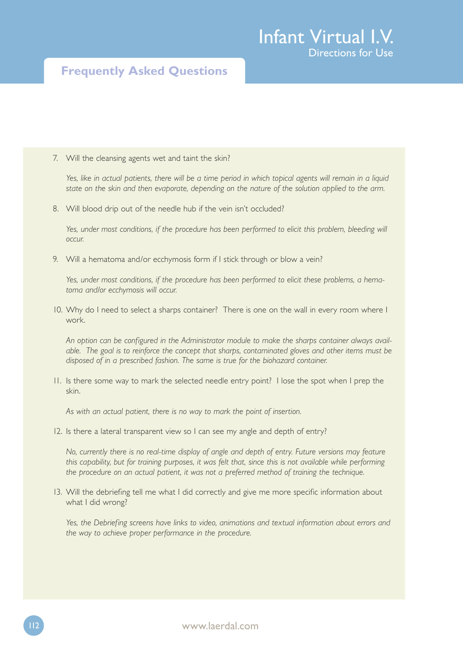 Infant virtual i.v, Frequently asked questions, Directions for use | Laerdal Infant Virtual I.V. User Manual | Page 112 / 117