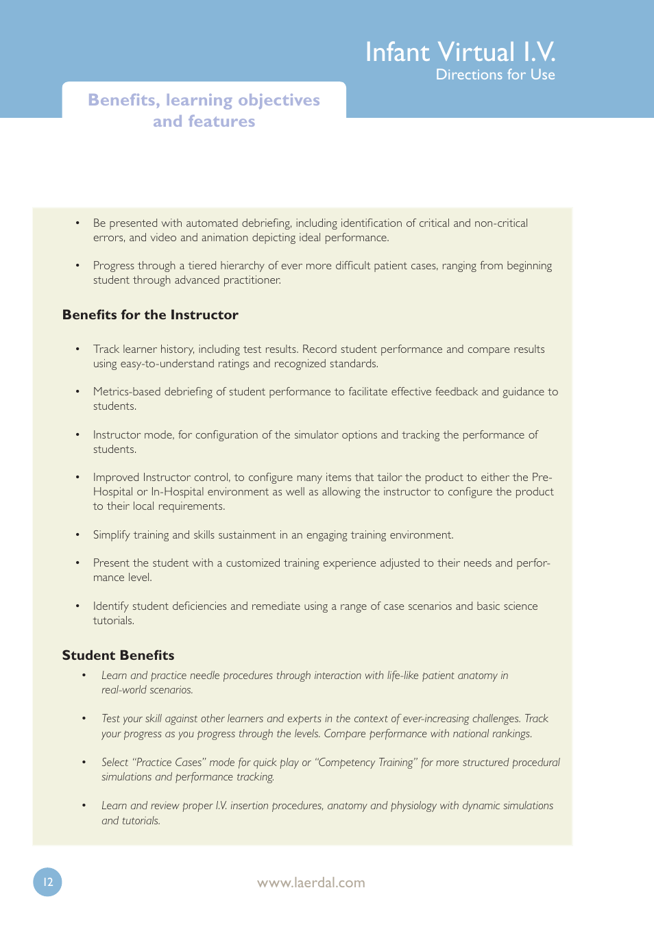 Infant virtual i.v, Benefits, learning objectives and features, Directions for use | Laerdal Infant Virtual I.V. User Manual | Page 12 / 117