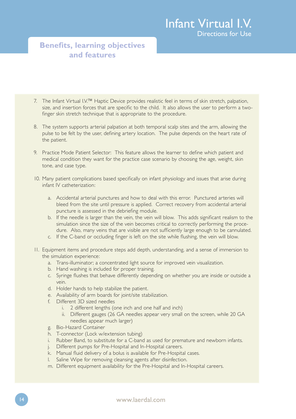 Infant virtual i.v, Benefits, learning objectives and features, Directions for use | Laerdal Infant Virtual I.V. User Manual | Page 14 / 117