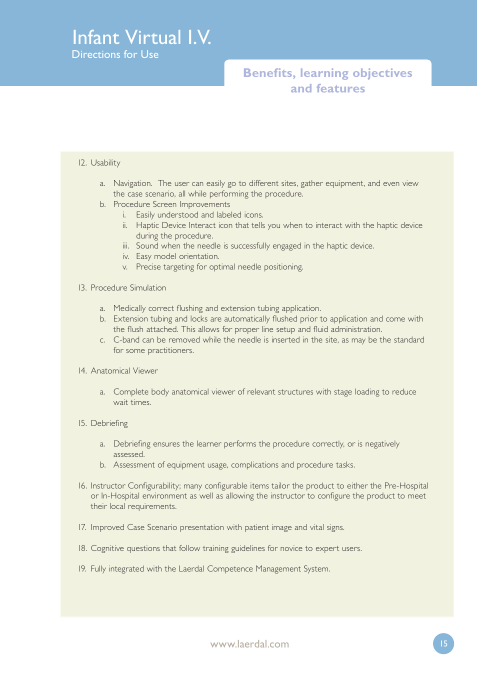 Infant virtual i.v, Benefits, learning objectives and features, Directions for use | Laerdal Infant Virtual I.V. User Manual | Page 15 / 117