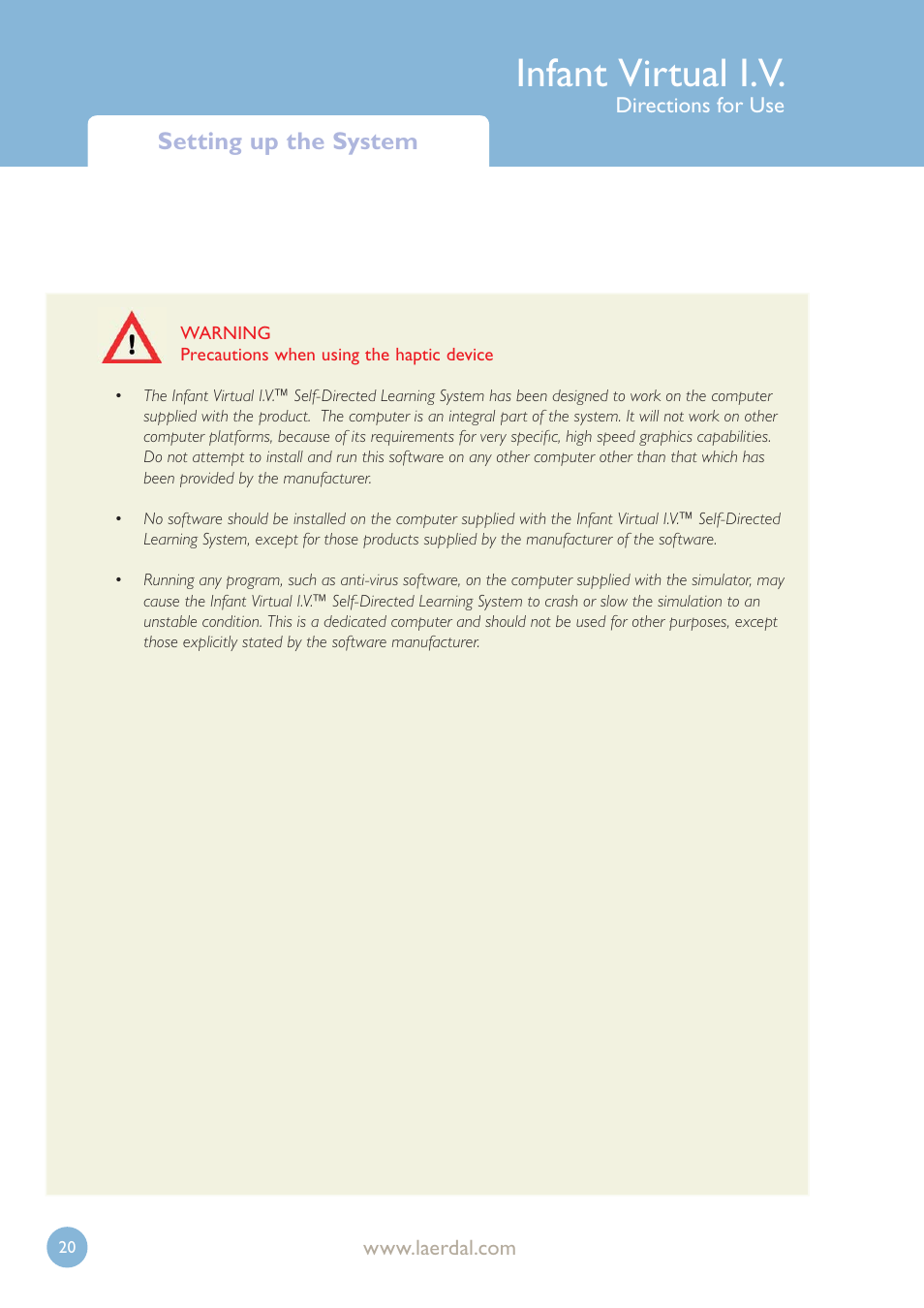 Infant virtual i.v, Setting up the system | Laerdal Infant Virtual I.V. User Manual | Page 20 / 117