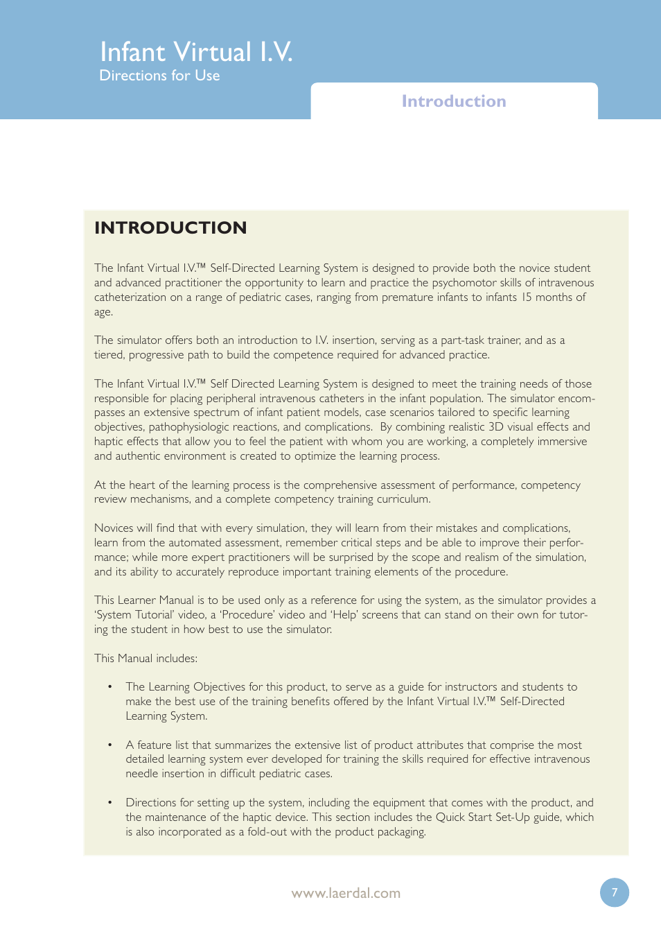 Infant virtual i.v, Introduction | Laerdal Infant Virtual I.V. User Manual | Page 7 / 117