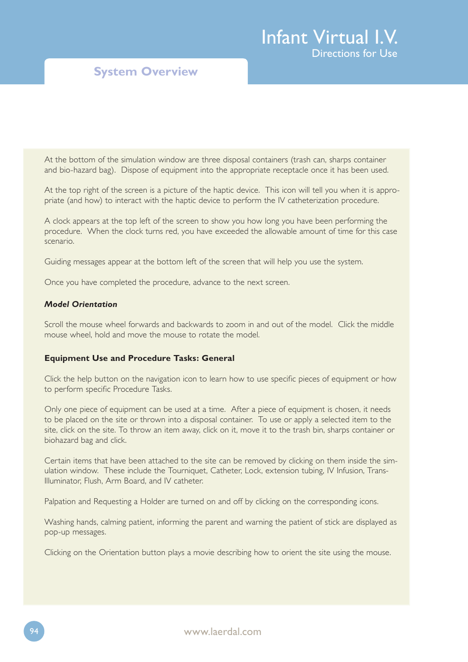 Infant virtual i.v, System overview, Directions for use | Laerdal Infant Virtual I.V. User Manual | Page 94 / 117