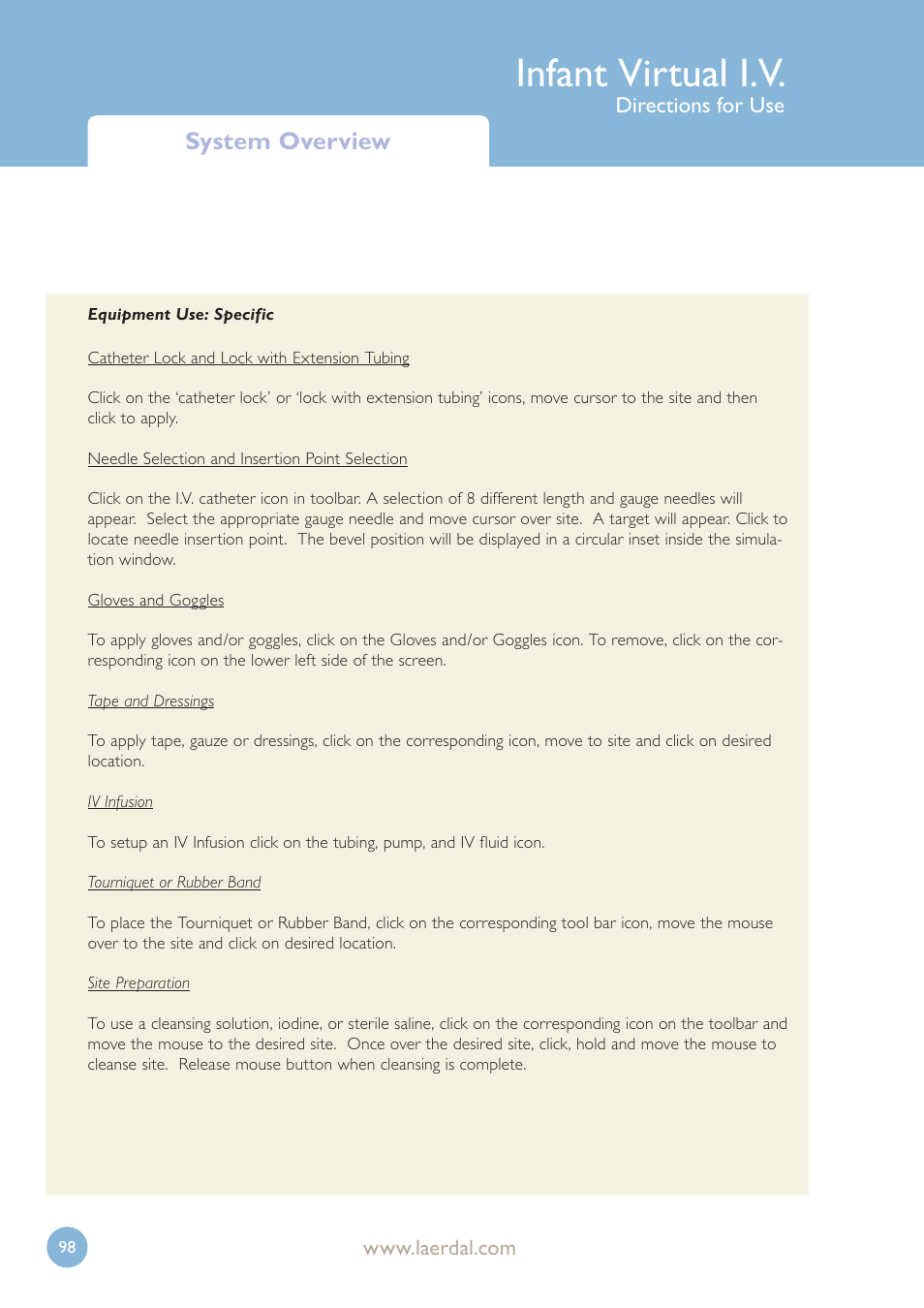Infant virtual i.v, System overview, Directions for use | Laerdal Infant Virtual I.V. User Manual | Page 98 / 117