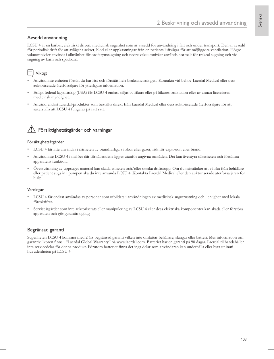 2 beskrivning och avsedd användning | Laerdal Compact Suction Unit (LCSU) 4 User Manual | Page 103 / 272