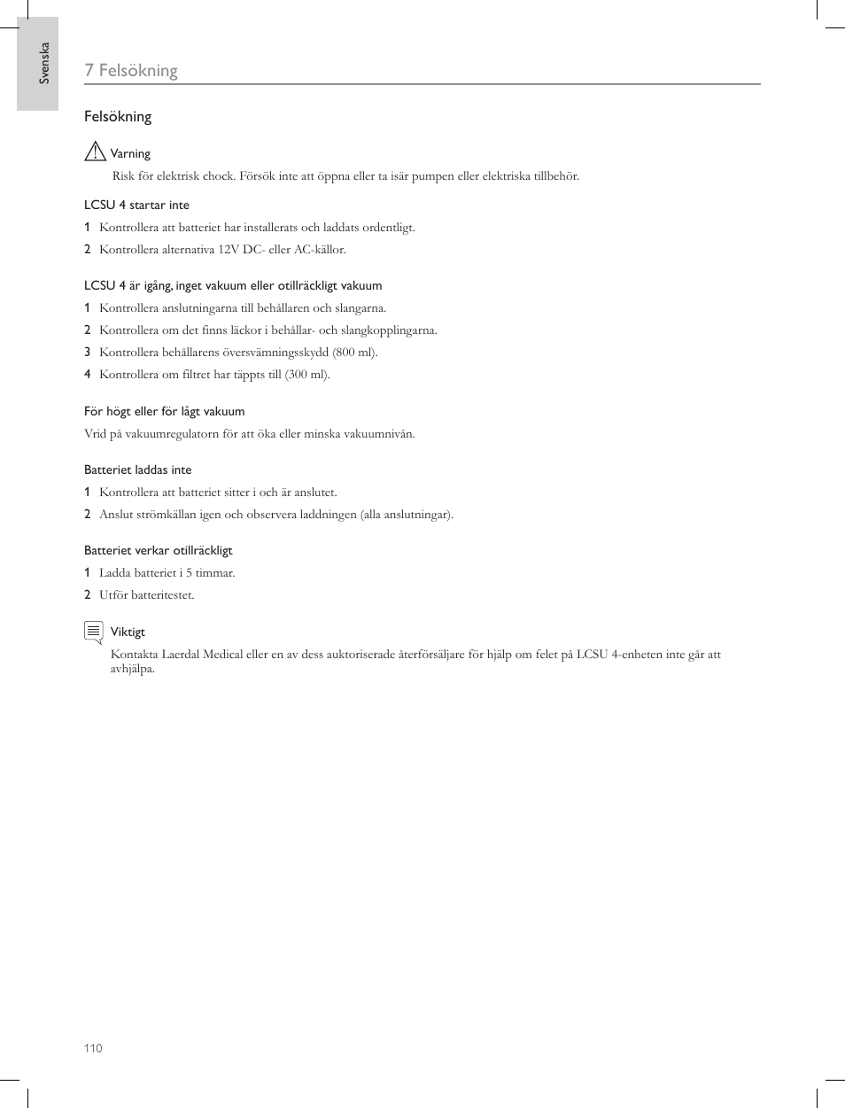 7 felsökning | Laerdal Compact Suction Unit (LCSU) 4 User Manual | Page 110 / 272