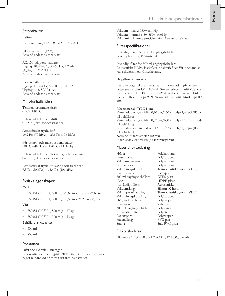 10 tekniska specifikationer | Laerdal Compact Suction Unit (LCSU) 4 User Manual | Page 113 / 272