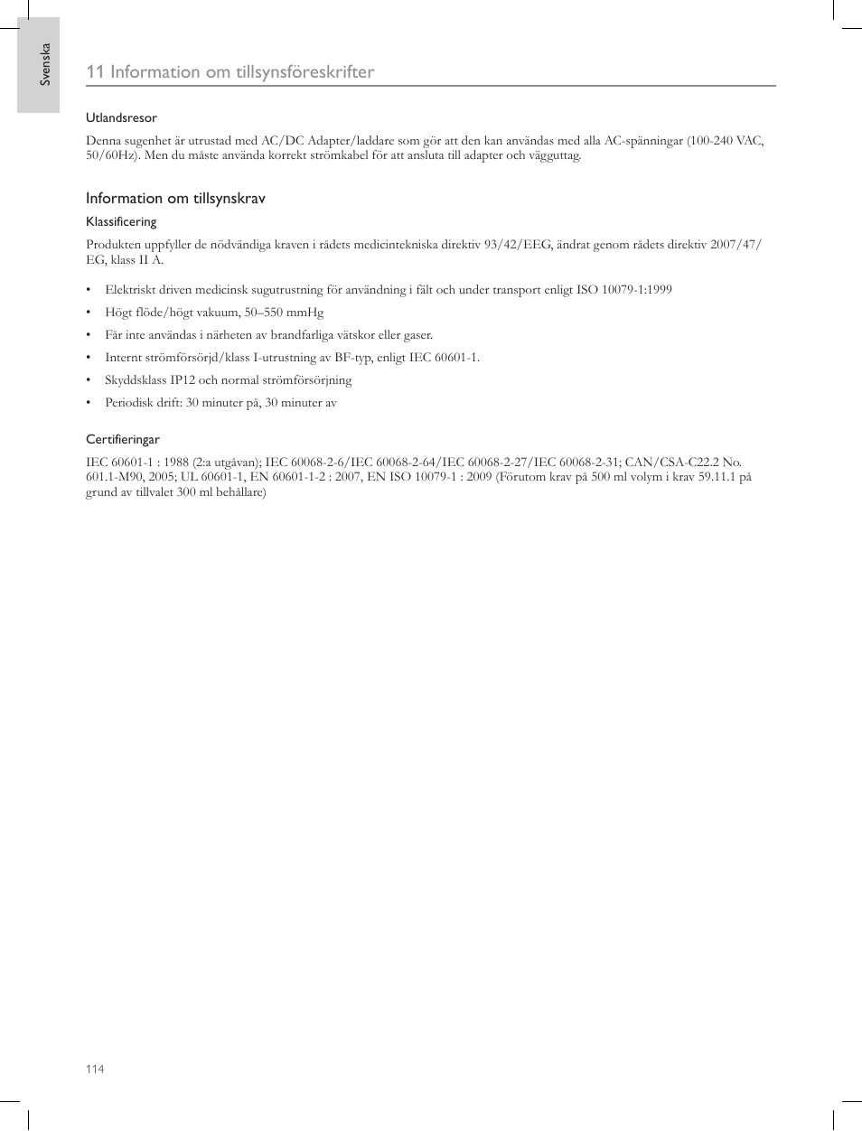 11 information om tillsynsföreskrifter | Laerdal Compact Suction Unit (LCSU) 4 User Manual | Page 114 / 272