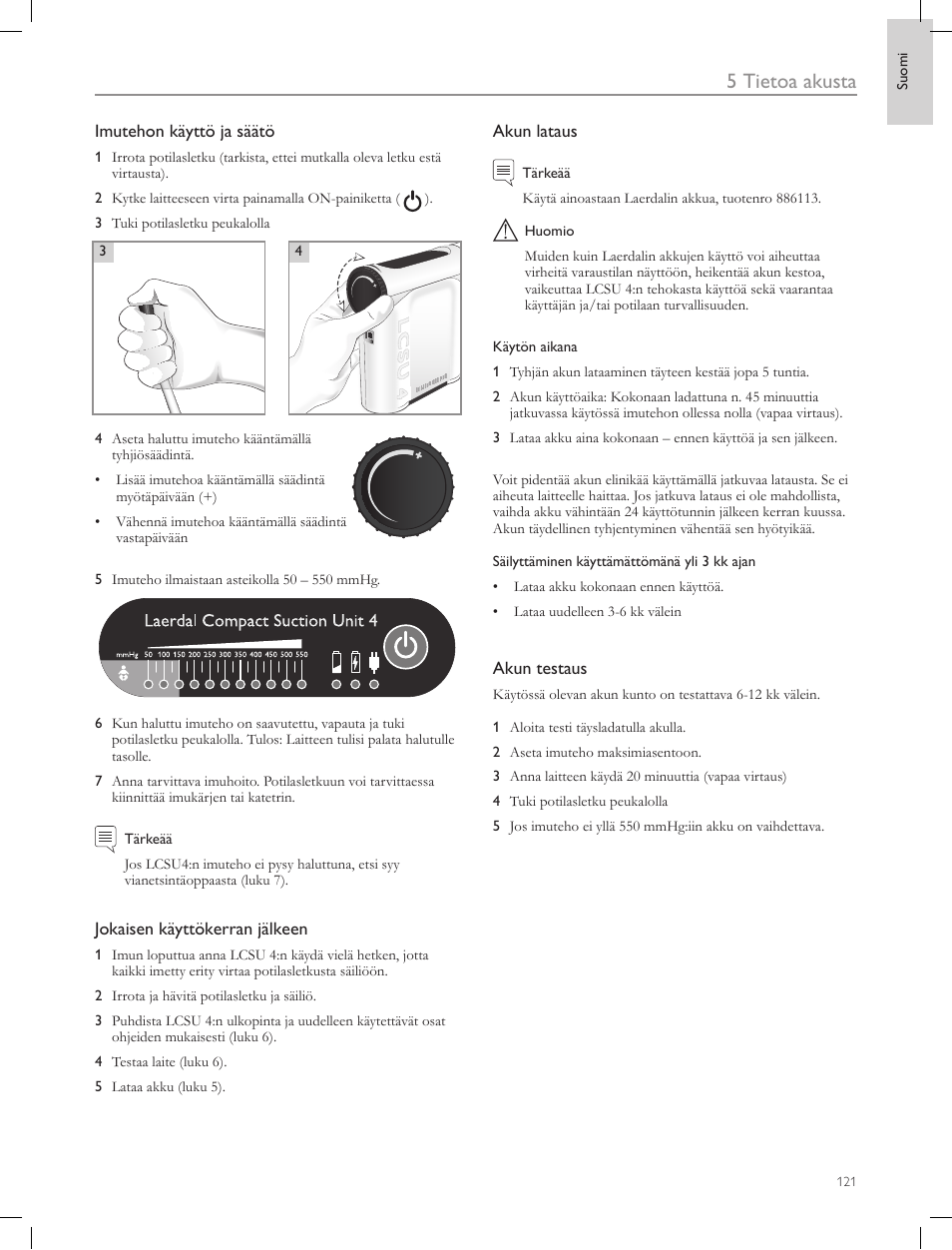 5 tietoa akusta | Laerdal Compact Suction Unit (LCSU) 4 User Manual | Page 121 / 272