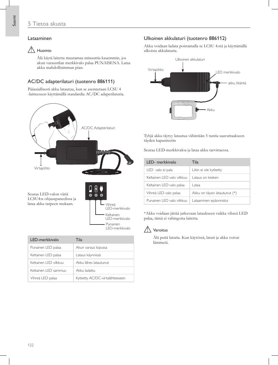 5 tietoa akusta | Laerdal Compact Suction Unit (LCSU) 4 User Manual | Page 122 / 272