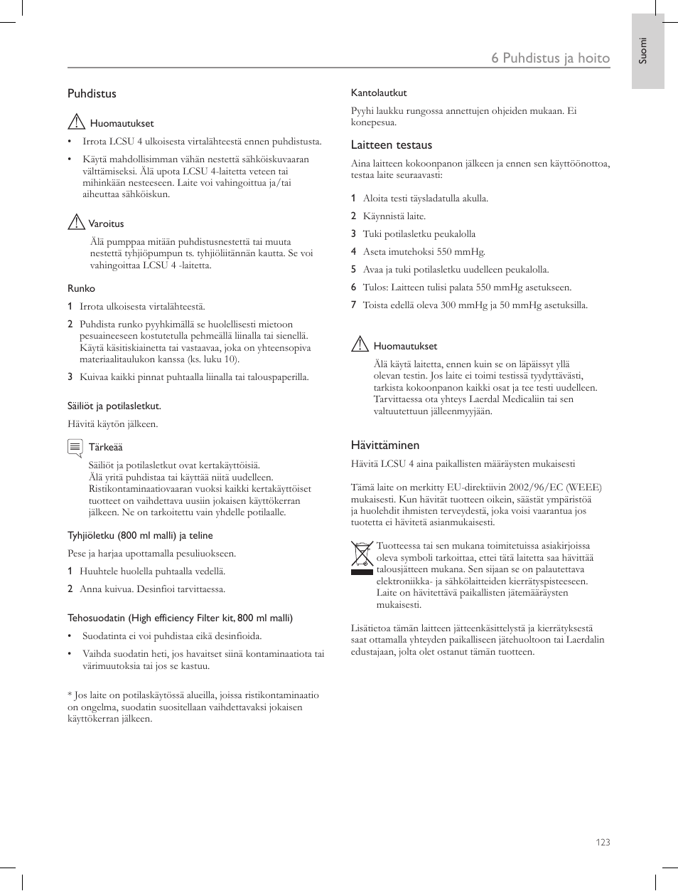 6 puhdistus ja hoito | Laerdal Compact Suction Unit (LCSU) 4 User Manual | Page 123 / 272