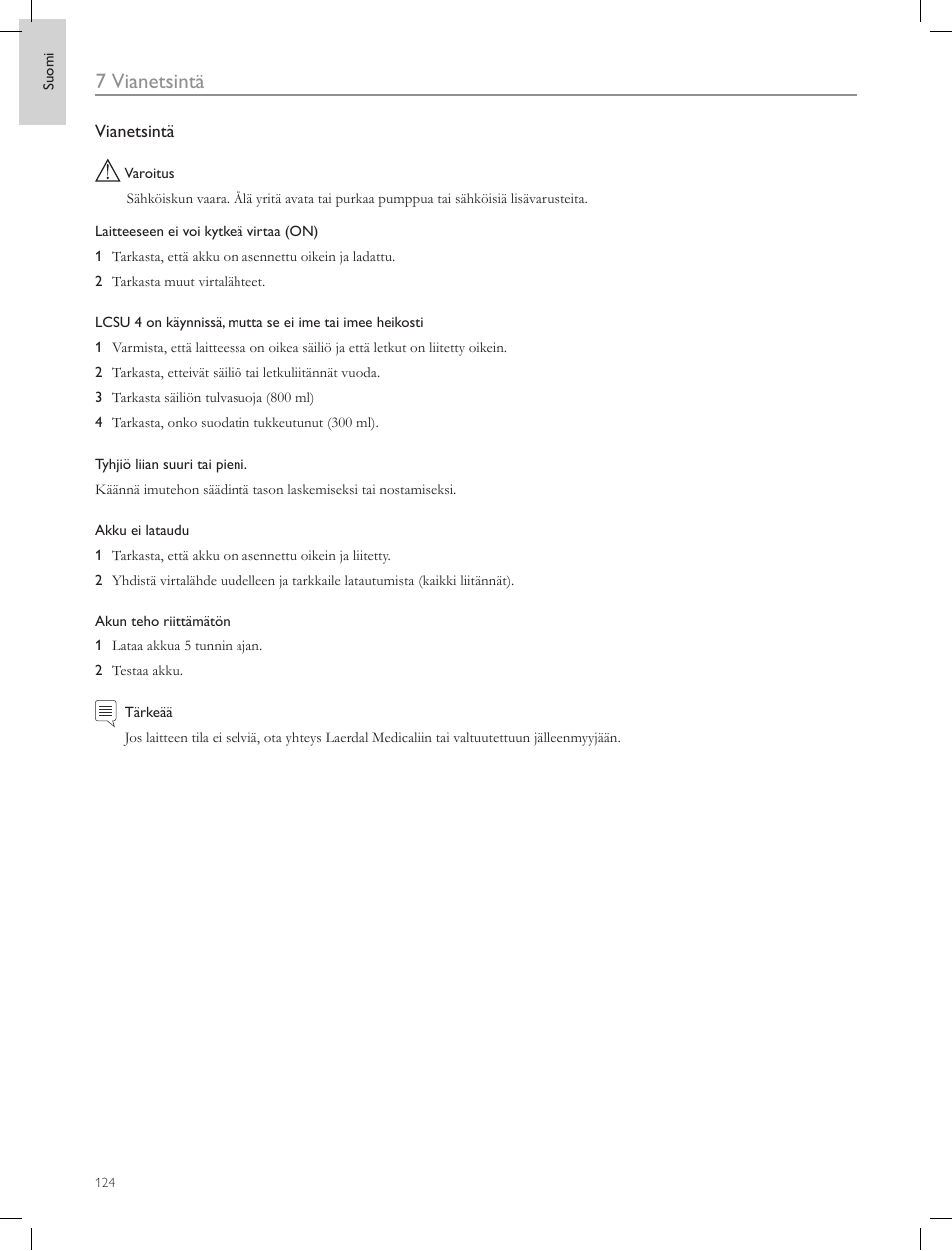 7 vianetsintä | Laerdal Compact Suction Unit (LCSU) 4 User Manual | Page 124 / 272