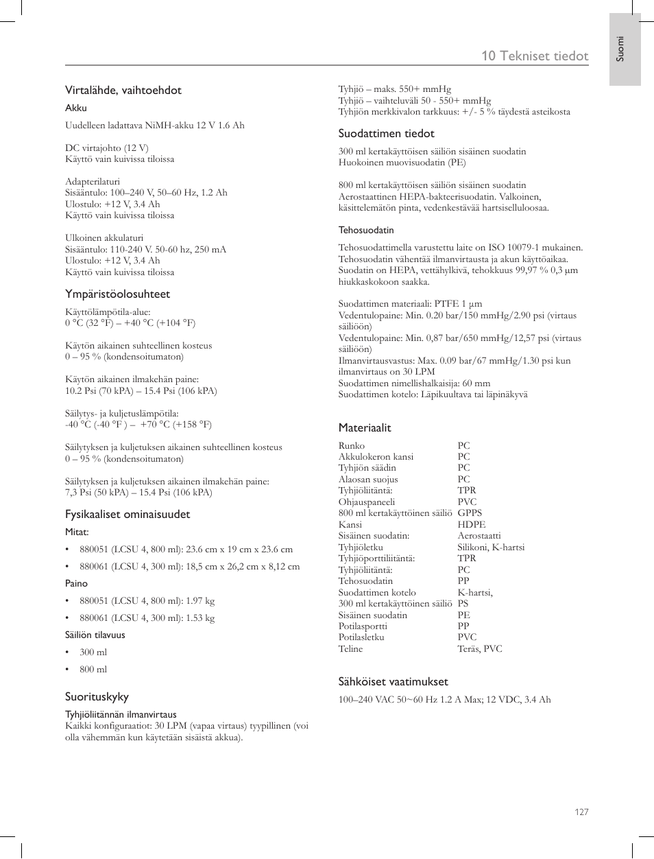 10 tekniset tiedot | Laerdal Compact Suction Unit (LCSU) 4 User Manual | Page 127 / 272