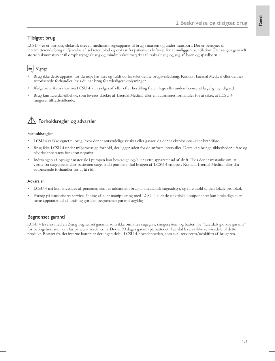 2 beskrivelse og tilsigtet brug | Laerdal Compact Suction Unit (LCSU) 4 User Manual | Page 131 / 272