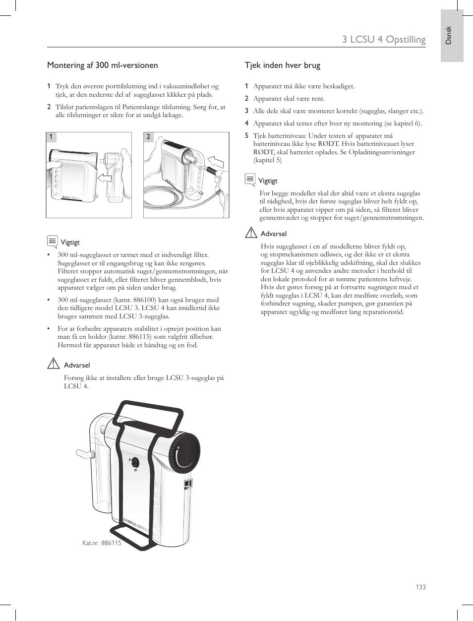 3 lcsu 4 opstilling, Montering af 300 ml-versionen, Tjek inden hver brug | Laerdal Compact Suction Unit (LCSU) 4 User Manual | Page 133 / 272