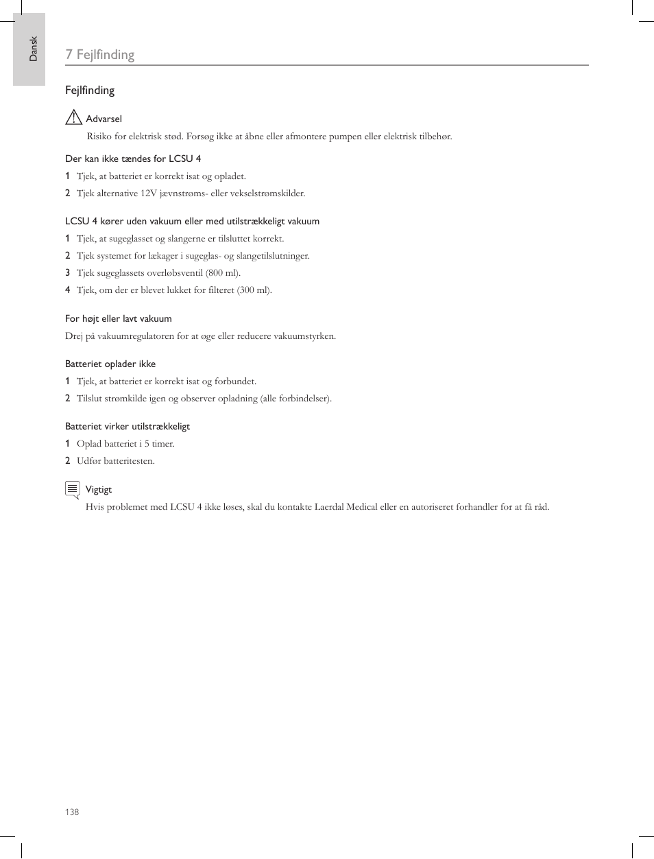 7 fejlfinding | Laerdal Compact Suction Unit (LCSU) 4 User Manual | Page 138 / 272