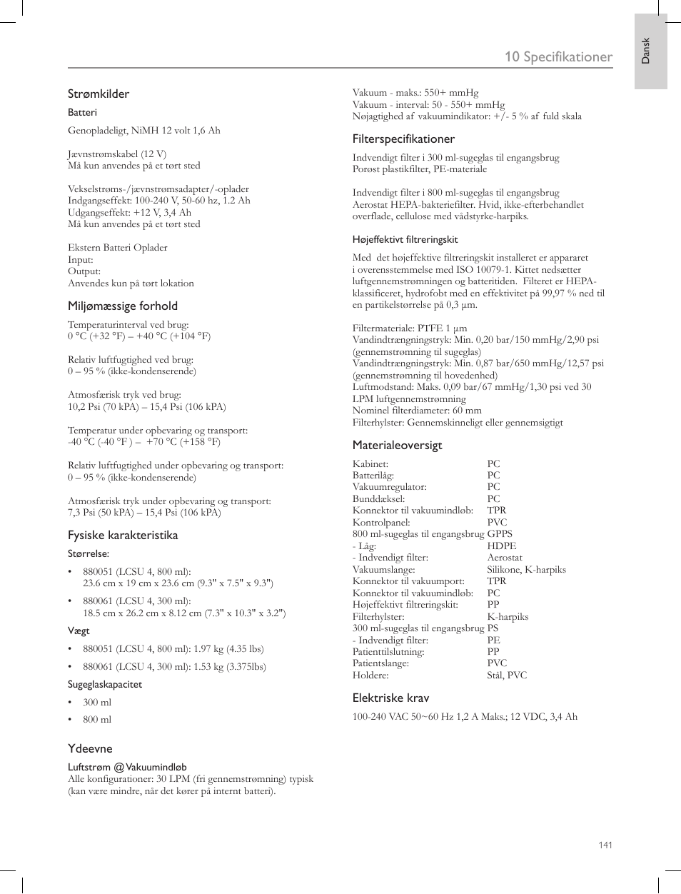 10 specifikationer | Laerdal Compact Suction Unit (LCSU) 4 User Manual | Page 141 / 272