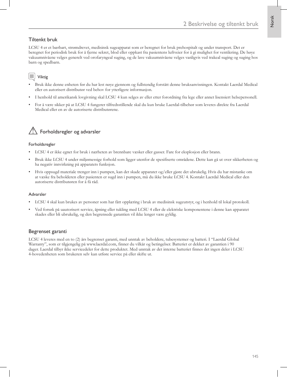 2 beskrivelse og tiltenkt bruk | Laerdal Compact Suction Unit (LCSU) 4 User Manual | Page 145 / 272