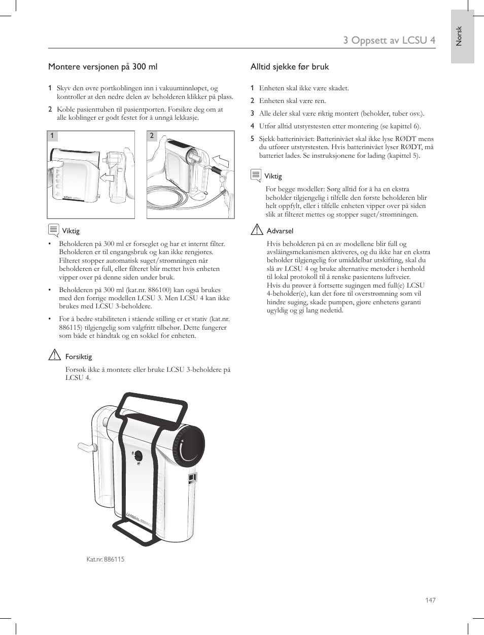 3 oppsett av lcsu 4, Montere versjonen på 300 ml, Alltid sjekke før bruk | Laerdal Compact Suction Unit (LCSU) 4 User Manual | Page 147 / 272