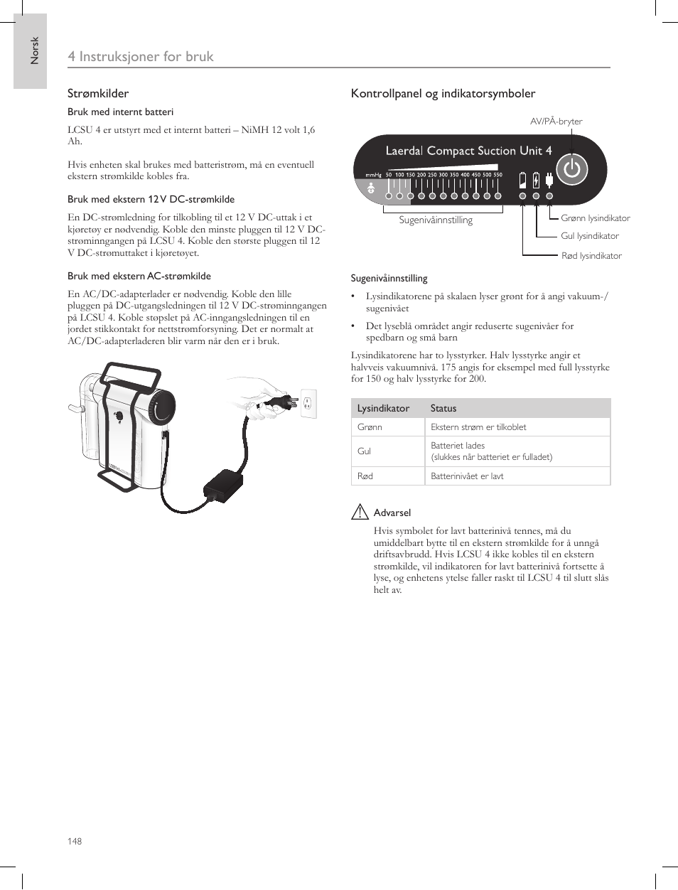 4 instruksjoner for bruk | Laerdal Compact Suction Unit (LCSU) 4 User Manual | Page 148 / 272