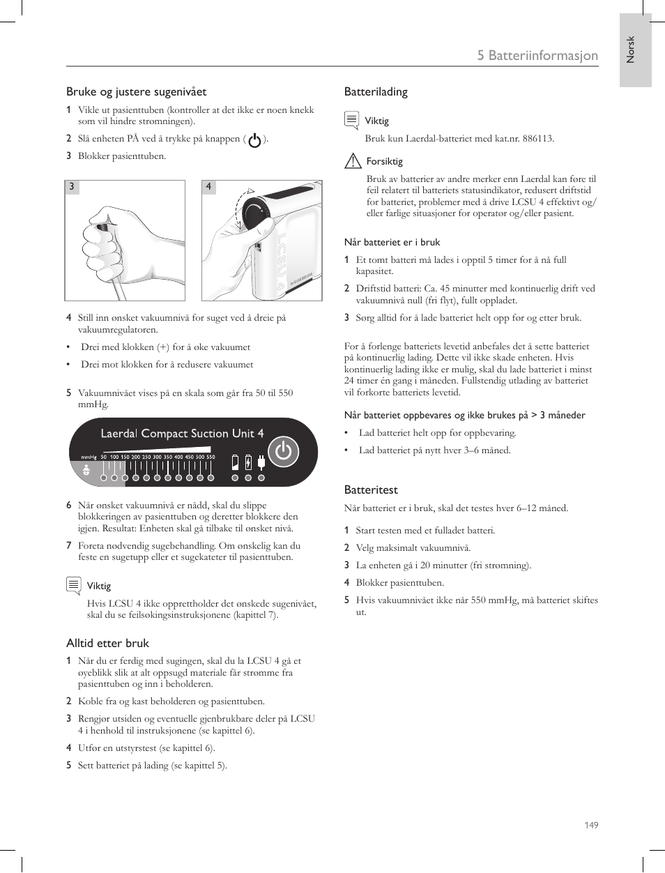 5 batteriinformasjon | Laerdal Compact Suction Unit (LCSU) 4 User Manual | Page 149 / 272