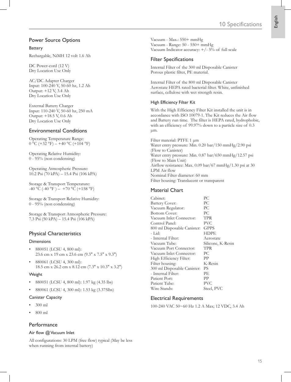 10 specifications | Laerdal Compact Suction Unit (LCSU) 4 User Manual | Page 15 / 272