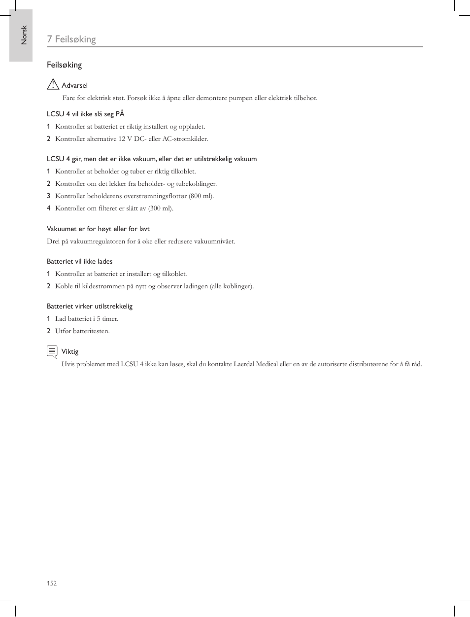 7 feilsøking | Laerdal Compact Suction Unit (LCSU) 4 User Manual | Page 152 / 272