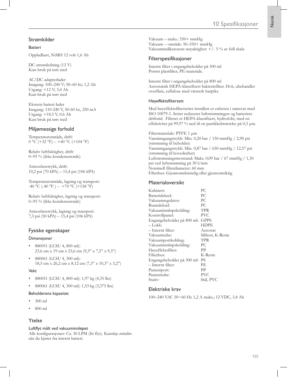10 spesifikasjoner | Laerdal Compact Suction Unit (LCSU) 4 User Manual | Page 155 / 272