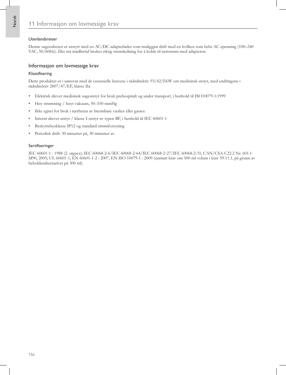 11 informasjon om lovmessige krav | Laerdal Compact Suction Unit (LCSU) 4 User Manual | Page 156 / 272