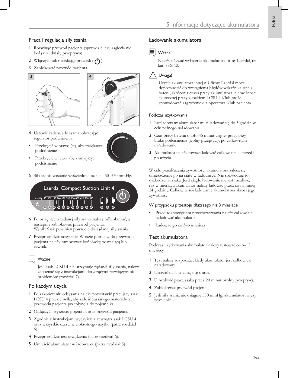 5 informacje dotyczące akumulatora | Laerdal Compact Suction Unit (LCSU) 4 User Manual | Page 163 / 272