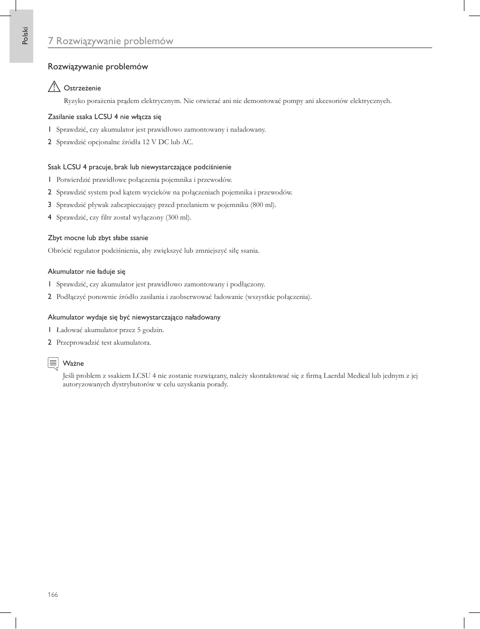 7 rozwiązywanie problemów | Laerdal Compact Suction Unit (LCSU) 4 User Manual | Page 166 / 272