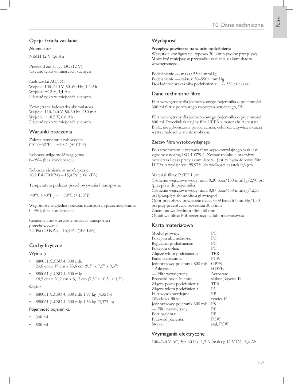 10 dane techniczne | Laerdal Compact Suction Unit (LCSU) 4 User Manual | Page 169 / 272