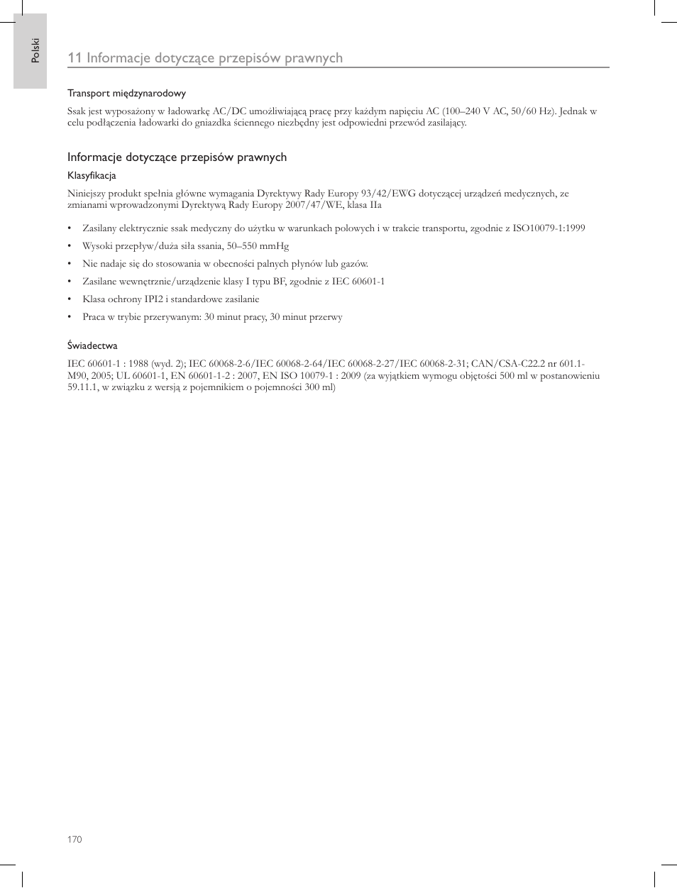 11 informacje dotyczące przepisów prawnych | Laerdal Compact Suction Unit (LCSU) 4 User Manual | Page 170 / 272