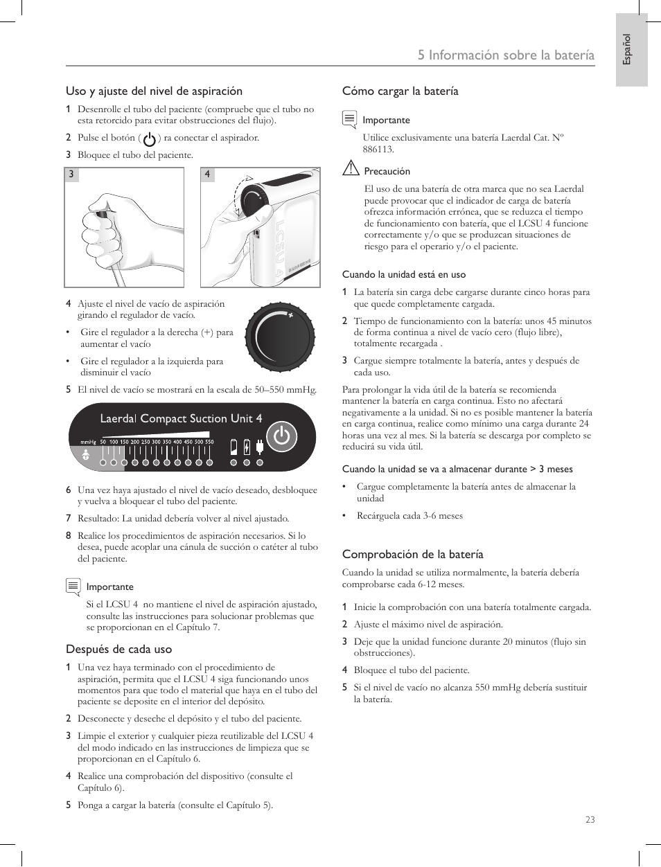 5 información sobre la batería | Laerdal Compact Suction Unit (LCSU) 4 User Manual | Page 23 / 272