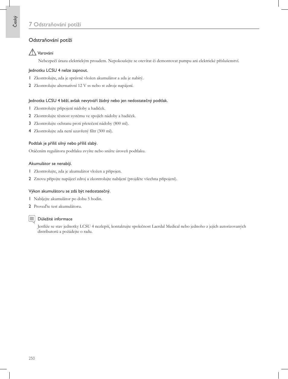 Odstraňování potíží | Laerdal Compact Suction Unit (LCSU) 4 User Manual | Page 250 / 272