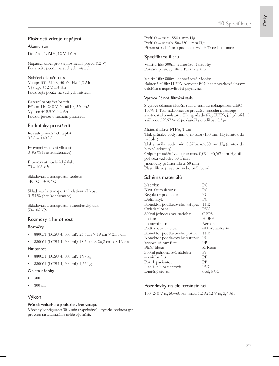 Specifikace | Laerdal Compact Suction Unit (LCSU) 4 User Manual | Page 253 / 272