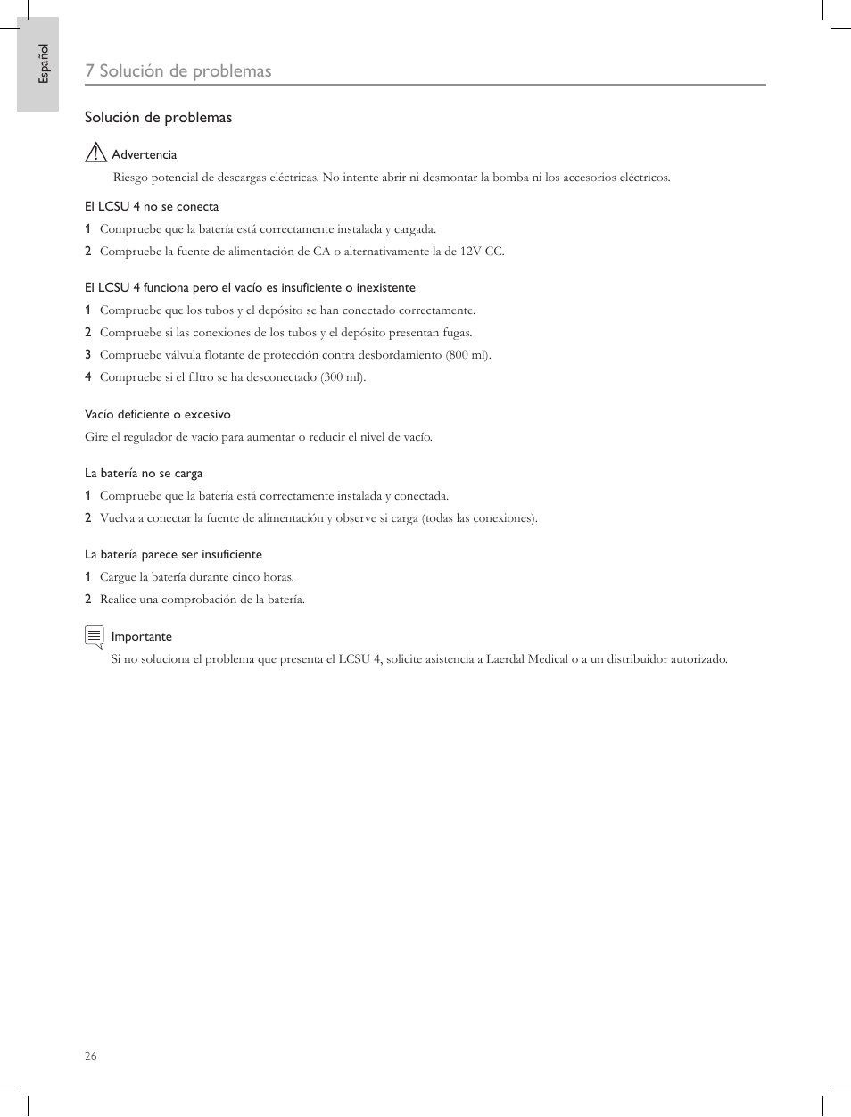7 solución de problemas | Laerdal Compact Suction Unit (LCSU) 4 User Manual | Page 26 / 272