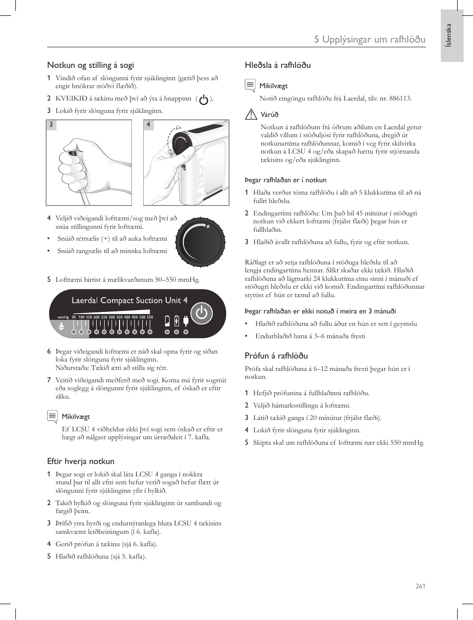 5 upplýsingar um rafhlöðu | Laerdal Compact Suction Unit (LCSU) 4 User Manual | Page 261 / 272